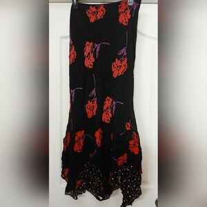 Vintage Lola P. Black Floral Maxi Skirt with Red & Purple Accents